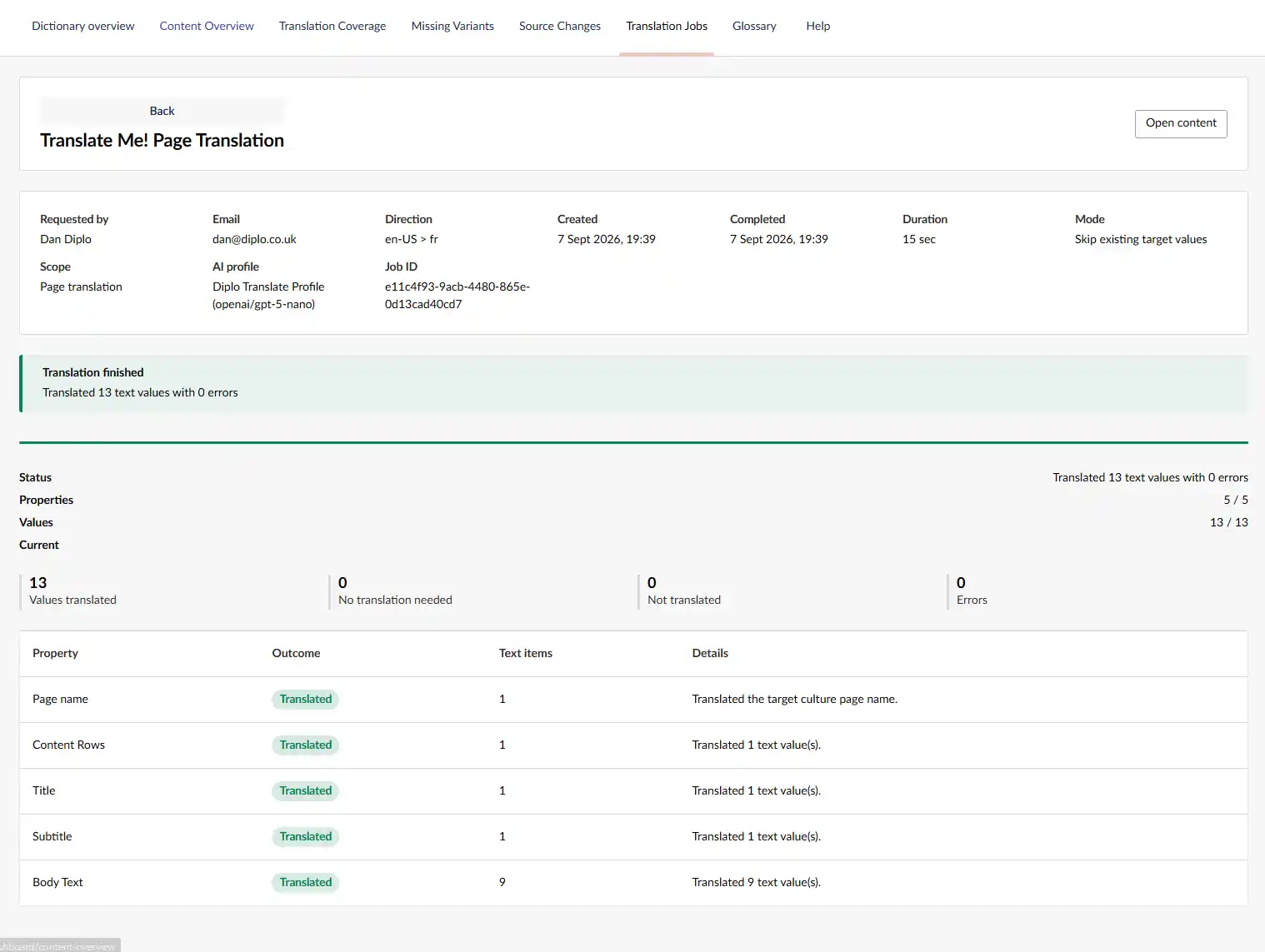 Translation job audit details showing requester, timing, settings and property outcomes