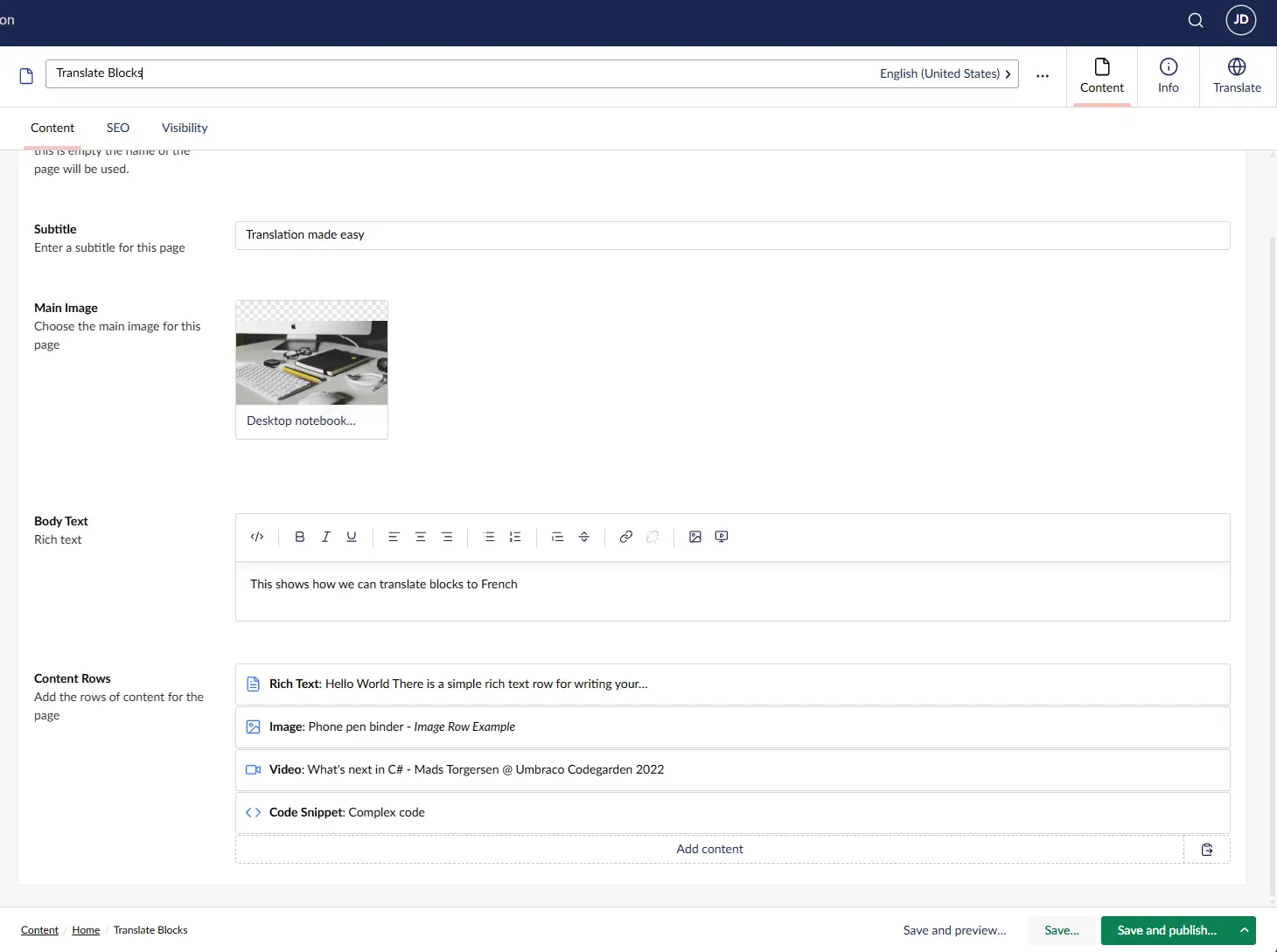 An English Umbraco page containing a Block List with rich text, image, video and code blocks
