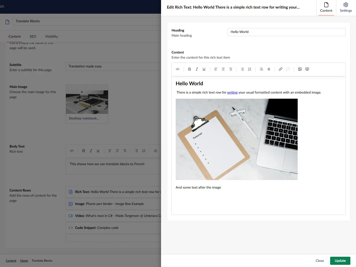 English rich-text content inside a Block List item in Umbraco