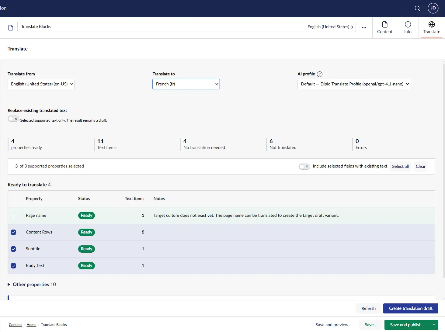 Omni property overview ready to translate an Umbraco Block List from English to French
