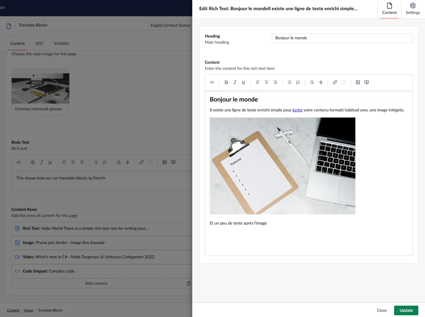 Translated French rich-text content inside a Block List item in Umbraco