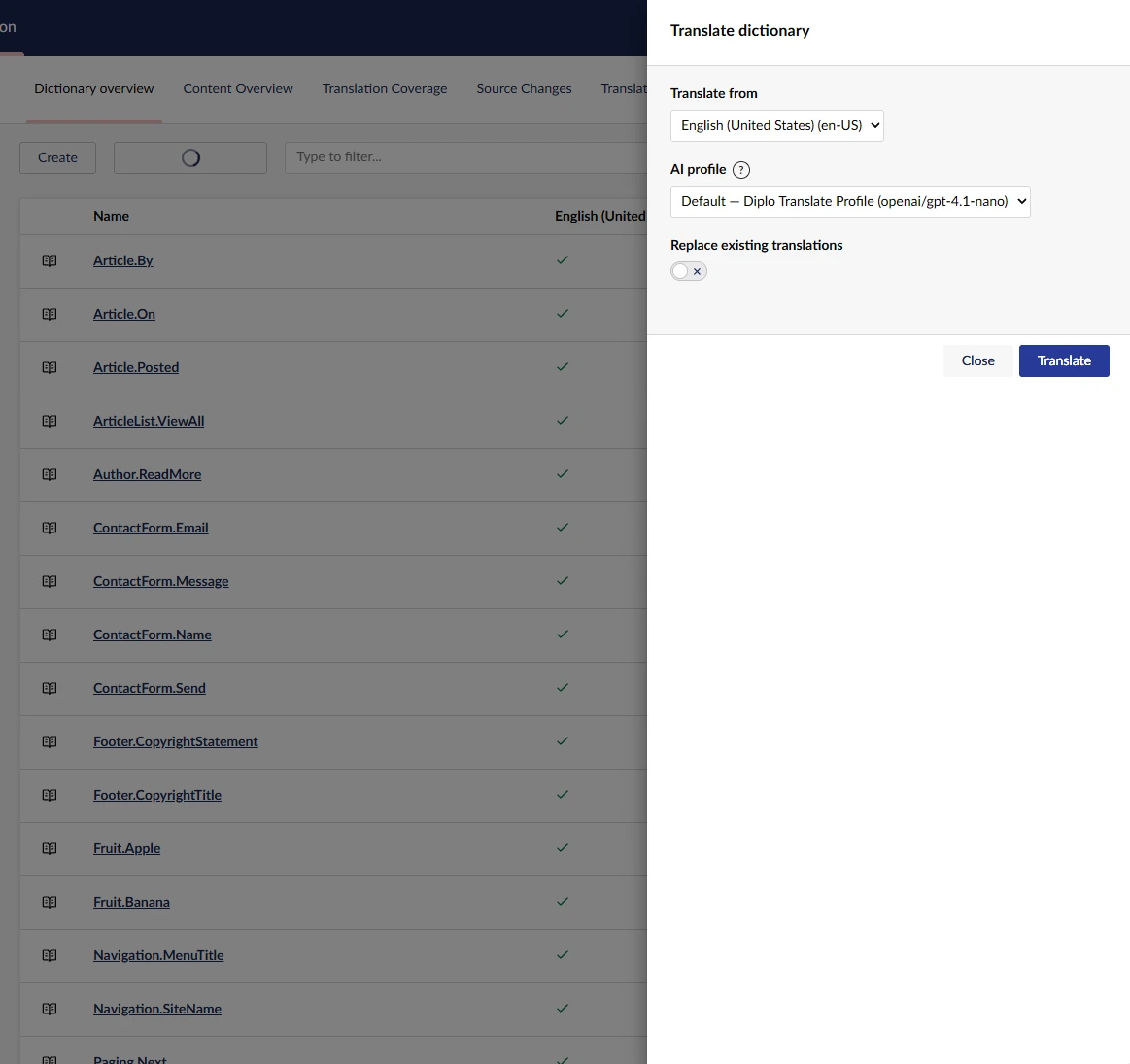 Translate Dictionary dialog configured to translate English values into French