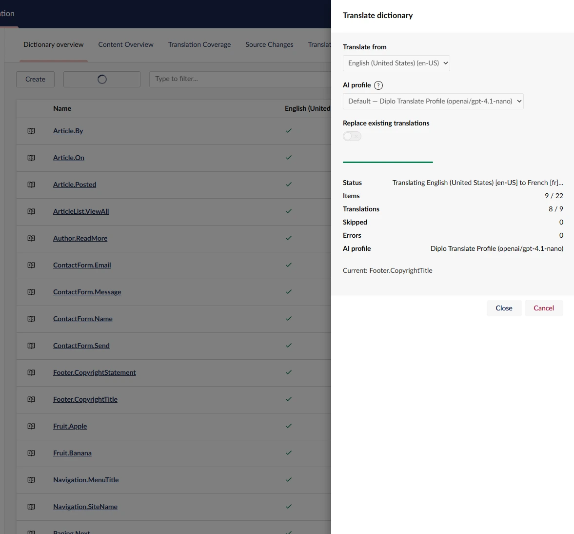 English to French Dictionary translation job showing live progress in Umbraco