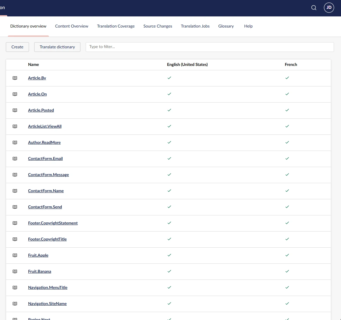 Umbraco Dictionary overview with both English and French values populated