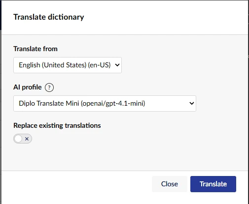 Dictionary translation dialog with source and target language options