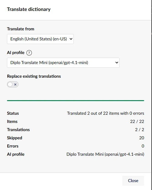 Completed Dictionary translation job with its result summary