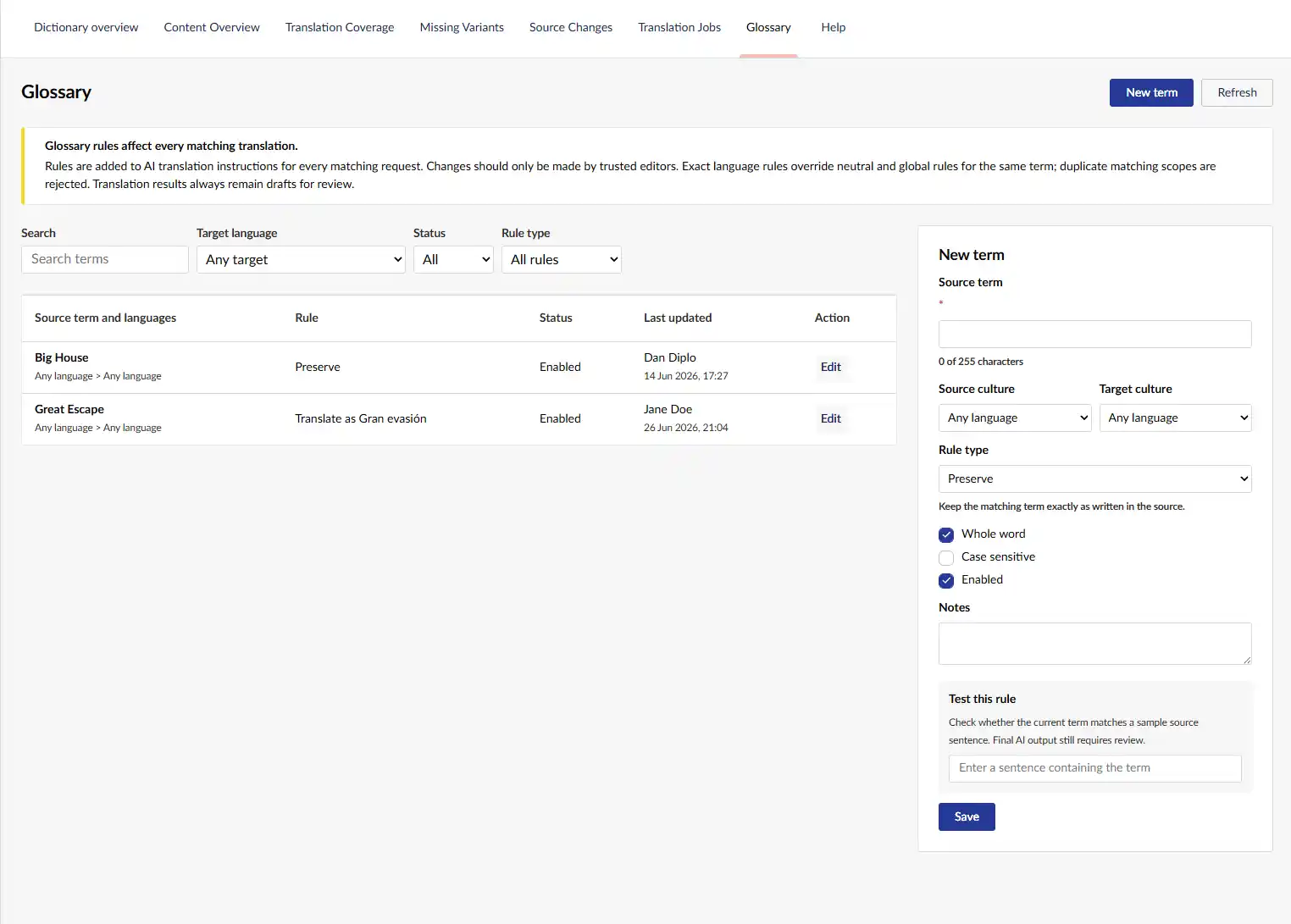 Translation glossary dashboard in Umbraco