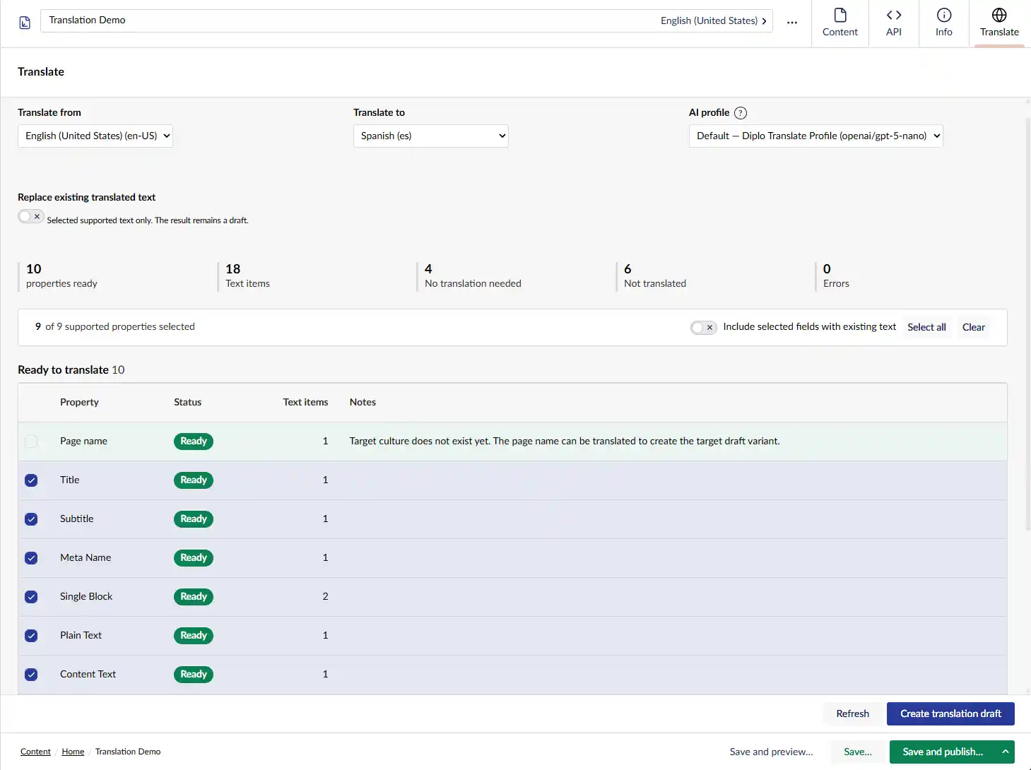 Omni Translate tab ready to translate an English Umbraco page into Spanish using the selected AI profile