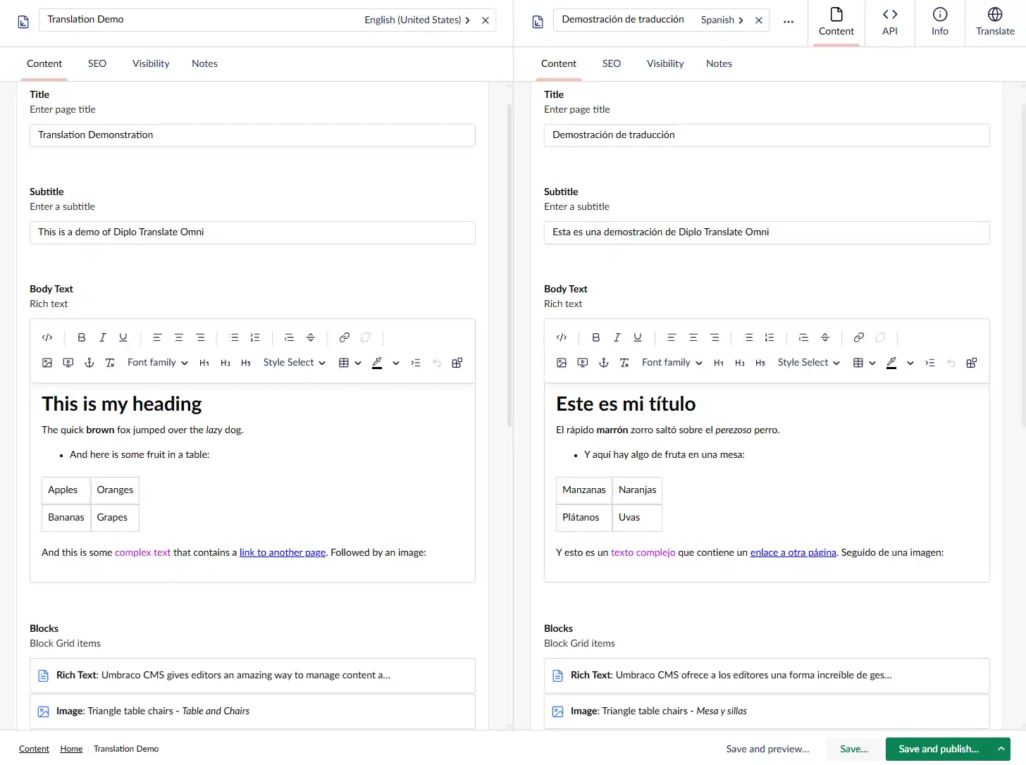 English and Spanish Umbraco page variants displayed side by side for editorial review