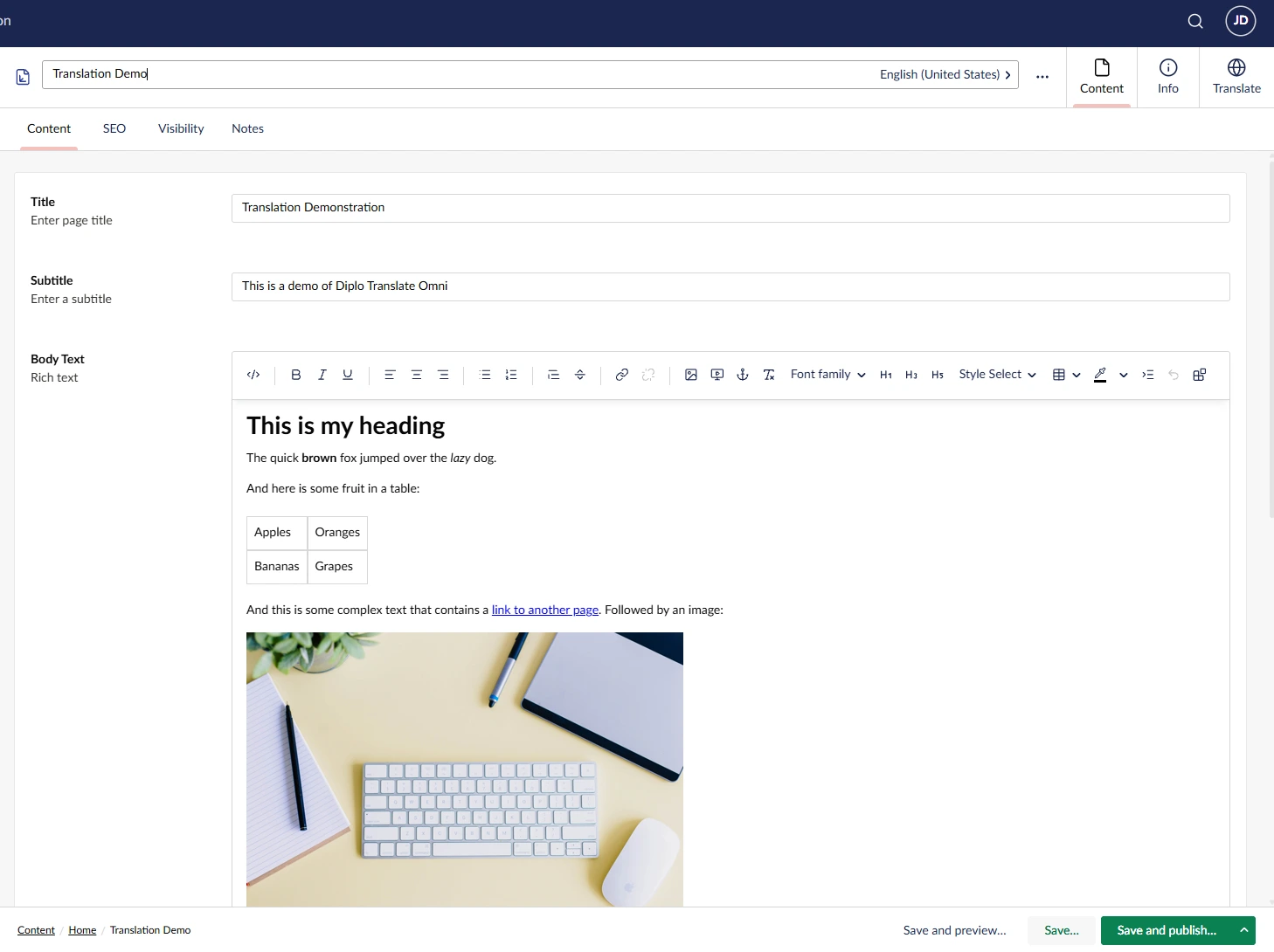 An English Umbraco page containing formatted rich-text content before translation