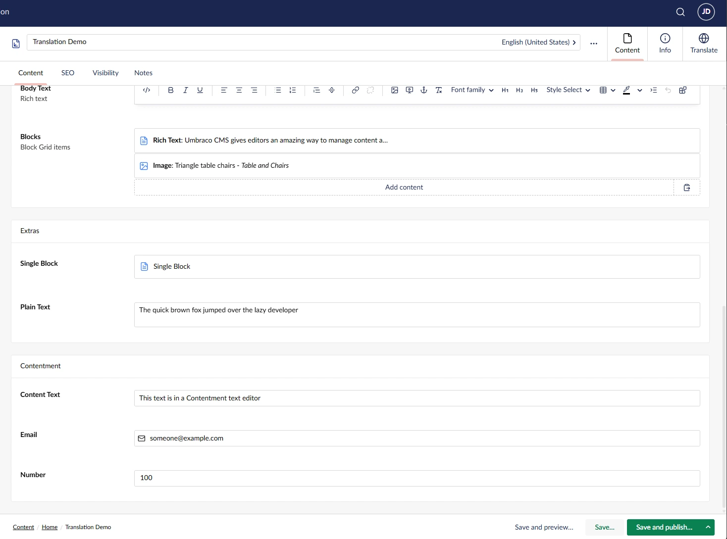 The lower part of an English Umbraco page containing Block Grid, Single Block and Contentment properties