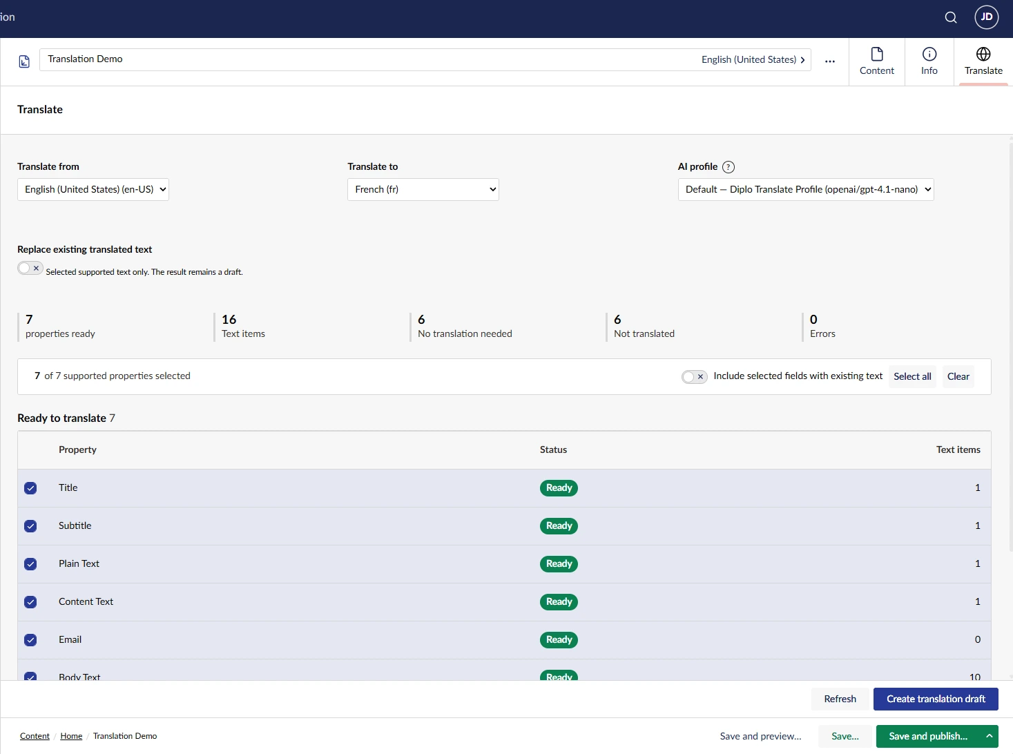 Omni property overview ready to translate a complex Umbraco page from English to French