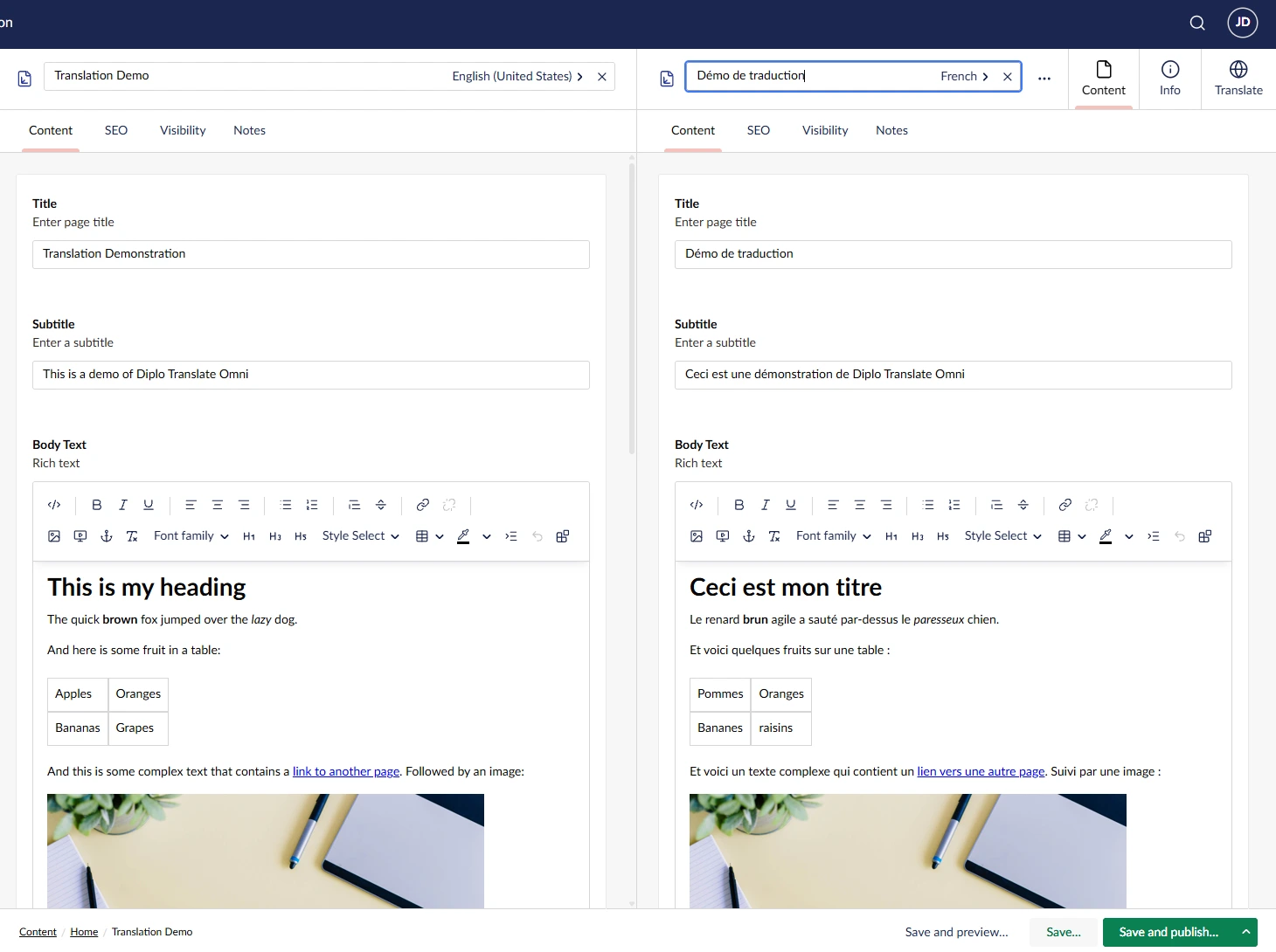 English and French rich-text page content displayed side by side in Umbraco