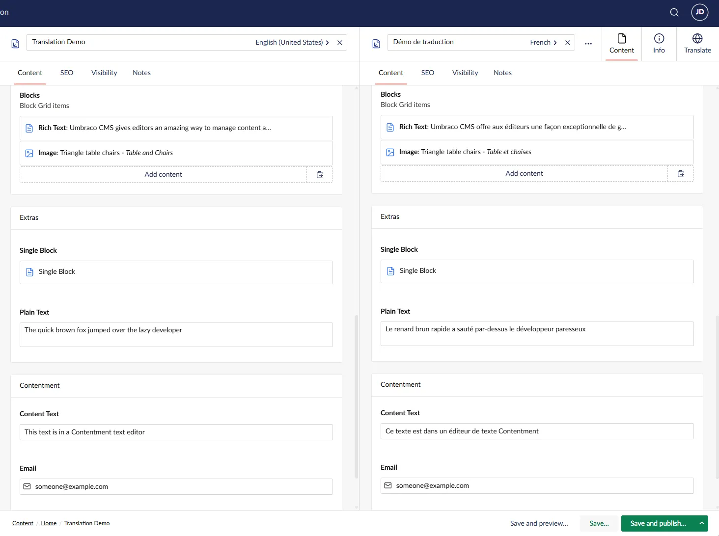 English and French blocks and additional page properties displayed side by side in Umbraco
