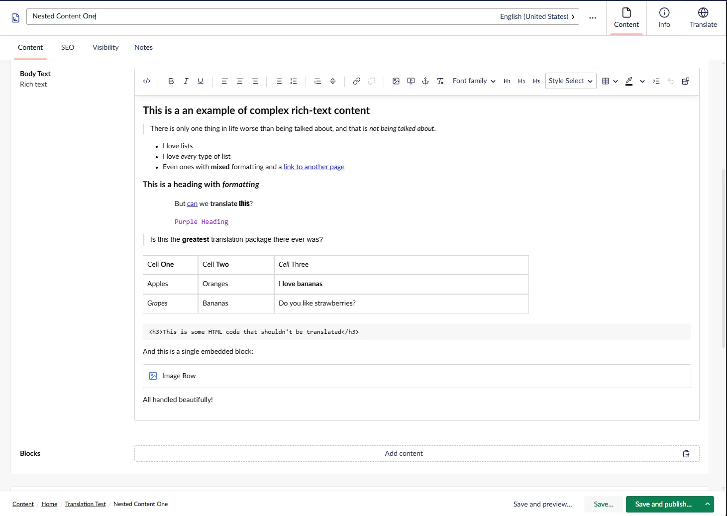 Complex English rich-text content in the Umbraco editor before translation