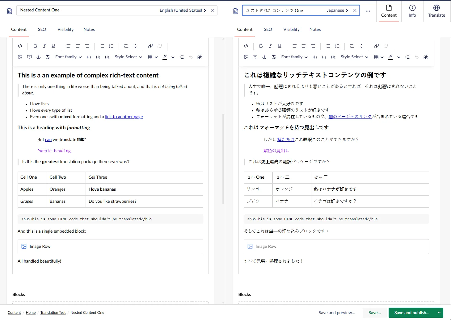 English and Japanese rich-text content displayed side by side in Umbraco
