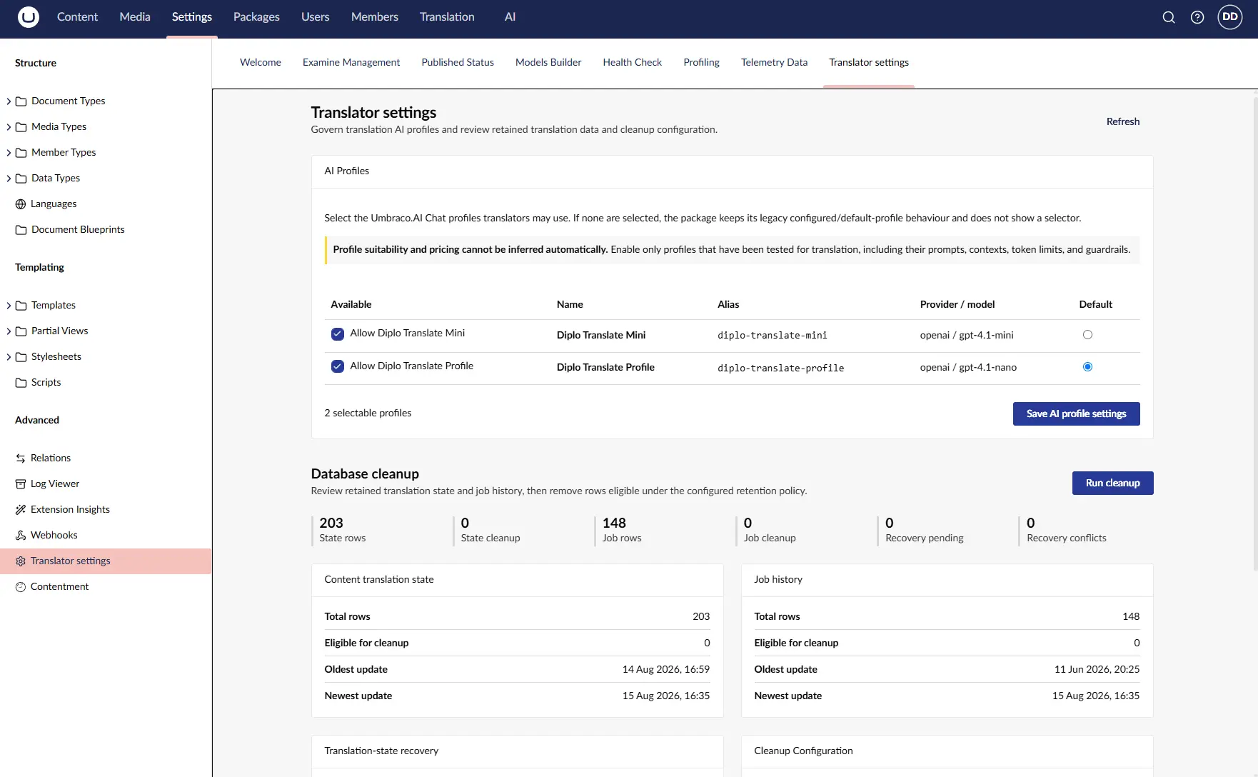 Omni settings for allowed AI chat profiles
