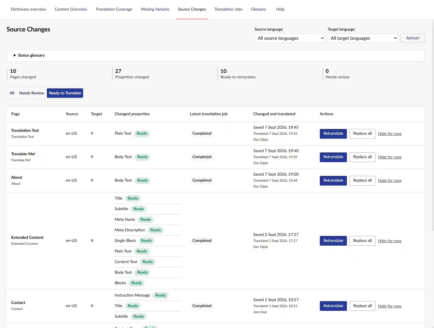 Source Changes dashboard listing pages with changed source text and actions to preview or retranslate