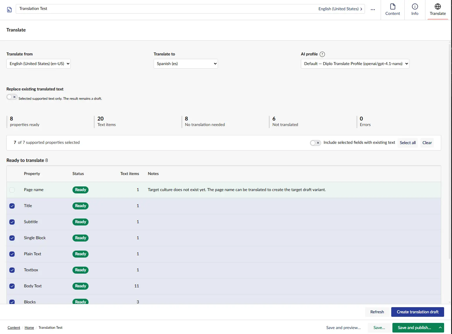 A page preview containing complex Umbraco properties