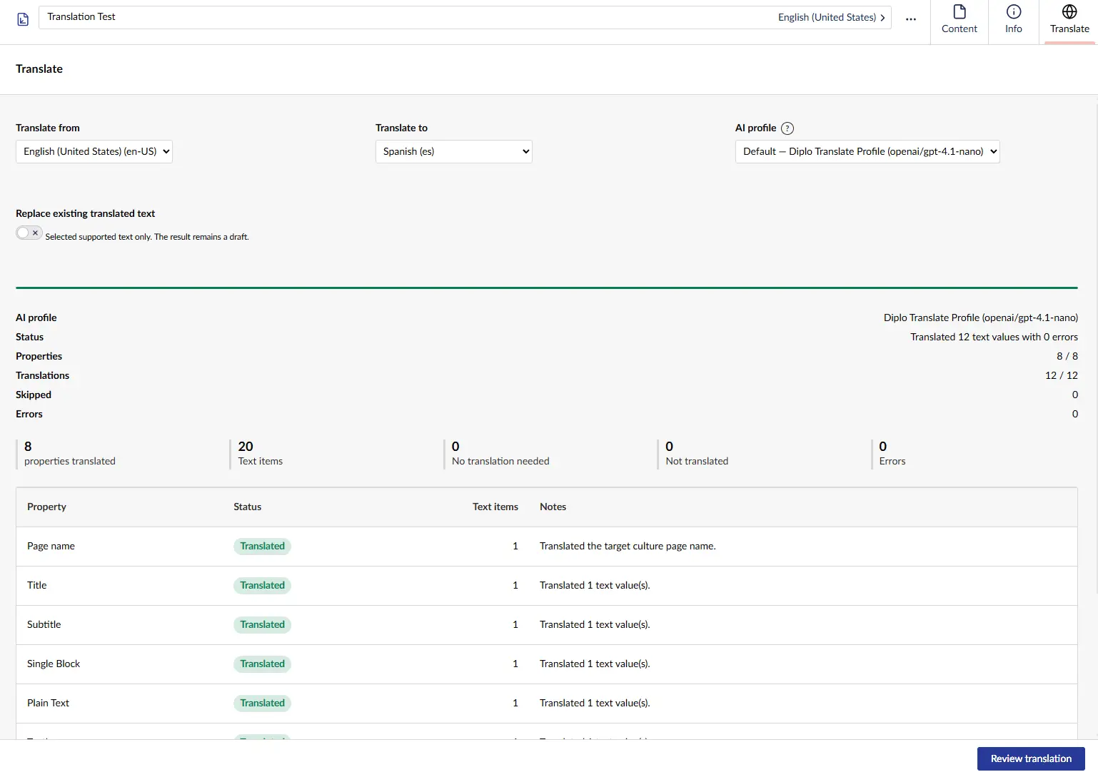 Translated page ready for review in Umbraco
