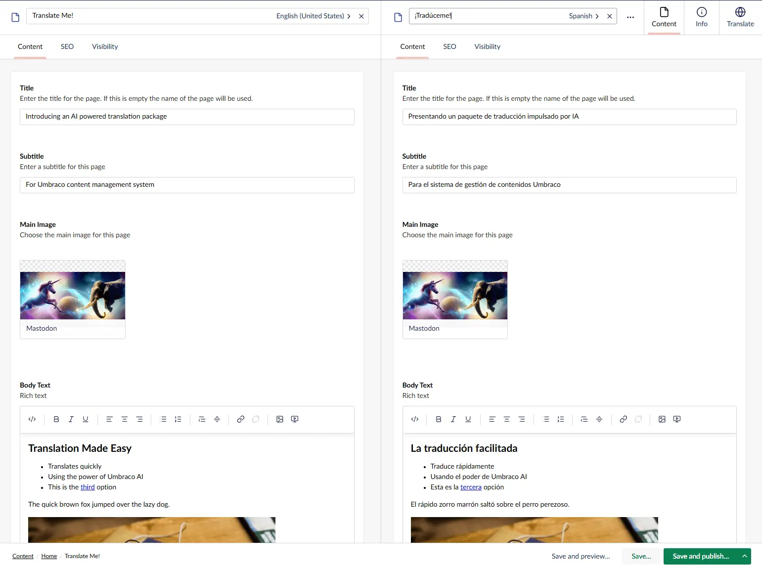 Side-by-side source and translated Umbraco content