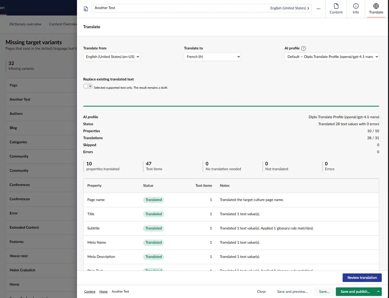 Completed translation report for a newly created French language variant