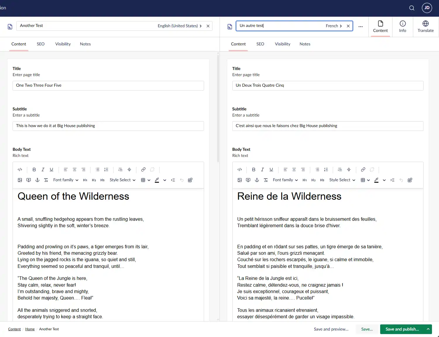 English source and newly created French language variant side by side in Umbraco